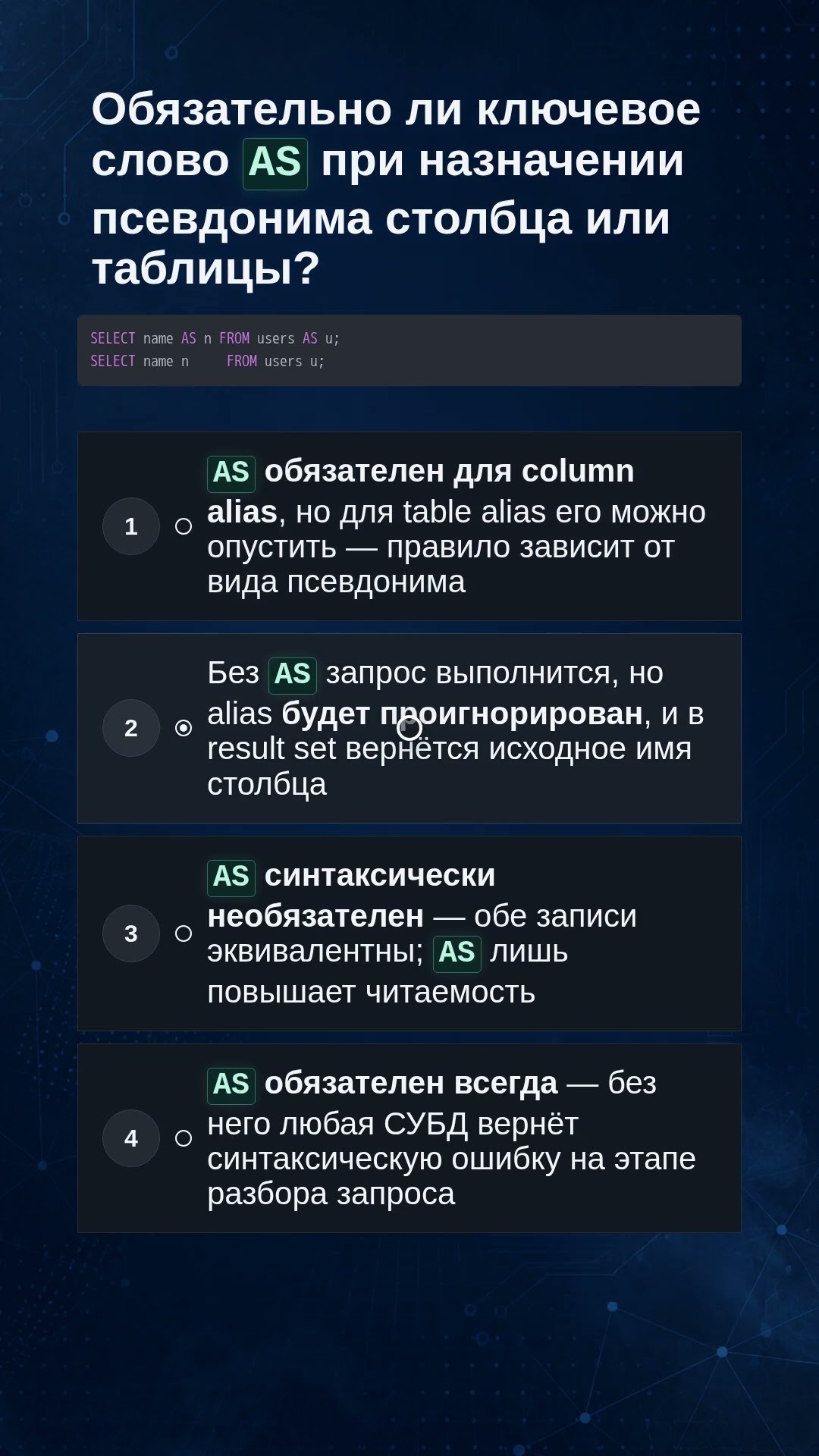 Превью: SQL: обязателен ли AS для алиаса? 🤔